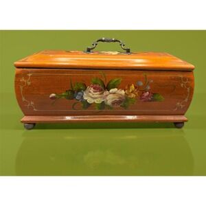 Vtg Hand Painted Wooden Box Floral Design w/ Lid Storage Decorative